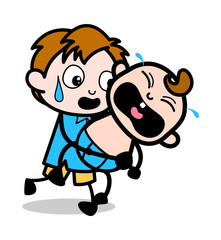 Sticker - Holding a Crying Baby - School Boy Cartoon Character Vector Illustration
