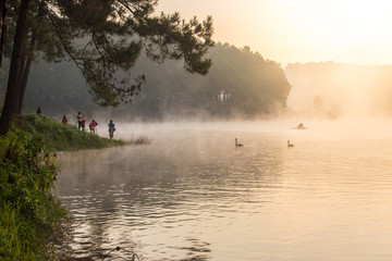 Pang Ung, Mae Hong Son, Thailand, December 19, 2014 - Traveler  with Sunrise at Pang-ung, pine forest park , Mae Hong Son, North of Thailand