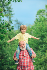 Wall Mural - Happy family - grandfather and child on meadow in the summer on the nature. Portrait of happy grandfather giving grandson piggyback ride on his shoulders and looking up.