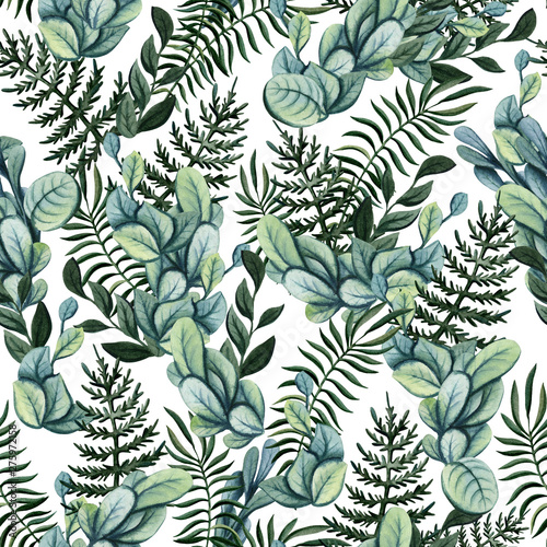 Seamless Pattern of Watercolor Ferns