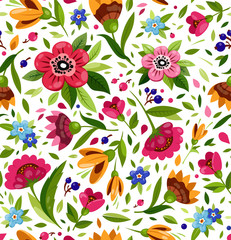 Vector seamless flower pattern. Cute floral pattern with colorful flowers, berry, leaves. Bright, warm summer pattern.