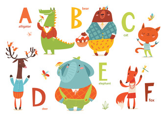  Part 1 of animals abc with cute cartoon animals and letters. Letters A-F.