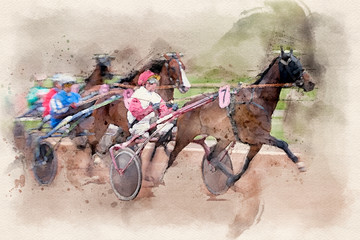 Aquarelle d'une course de trot attelé