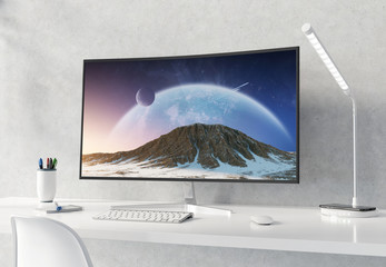 Aufkleber - Curved monitor on white desktop and concrete interior mockup 3D rendering