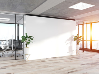 Aufkleber - Blank wall in bright concrete office with large windows Mockup 3D rendering