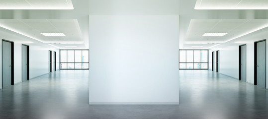 Poster - Blank squared wall in office mockup with large windows and sun passing through 3D rendering