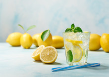 Lemonade With Lemon And Mint, Cold Refreshing Drink . Healthy And Detox Water Drink.