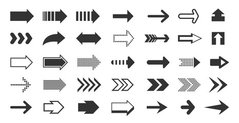 Poster - Black arrows. Direction pointers, up down left right signs of dots shapes and strokes, flat cursor pixel next sign. Vector arrow signage set