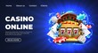 Casino 777 slot machine landing page template. Gambling Casino landing page. Gambling roulette website big lucky prize, realistic 3D vector illustration 777 slot machine template. Happy gambler play