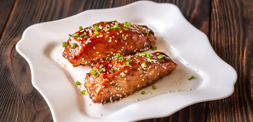 Wall Mural - Teriyaki salmon on the white plate