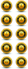 Top quality golden year warranty banner, sticker, tag, icon, stamp, label, sign set, isolated on white background.