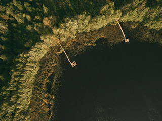 aerial view of a smal wooden dock on a lake.