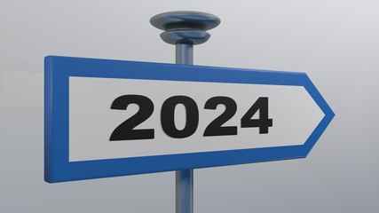 Poster - 2024 Blue street sign arrow on white background - 3D rendering illustration