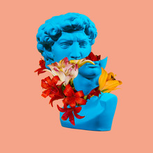 David's Plaster Head. Flower's Concept Art. On Coral Background.