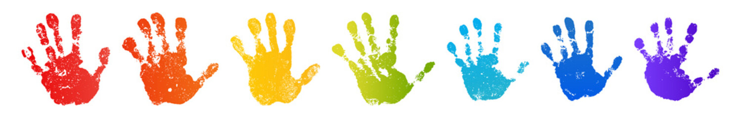 Hand rainbow print isolated on white background. Color child handprint. Creative paint hands prints. Happy childhood design. Artistic kids stamp, bright human fingers and palm. Vector illustration