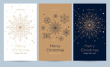 Fototapeta  - A set of greeting card with snowflakes and festive decor. Linear golden Christmas snowflake on a different background. New Year's design template with a window for text. Vector flat. Vertical format