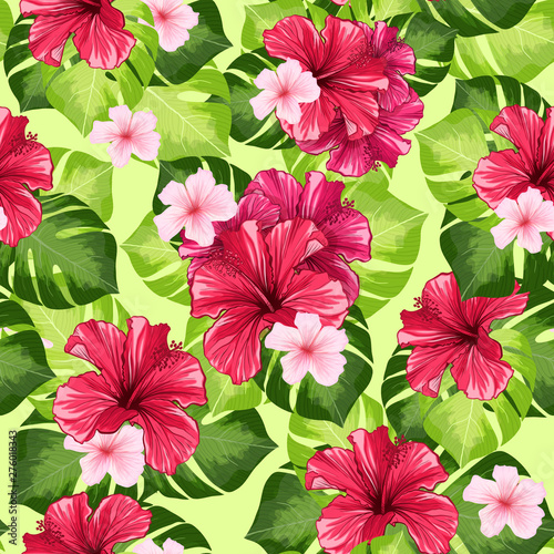 Hawaiian Hibiscus Fragrance Flower and Monstera Leaves Vector Seamless Patter...