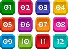 Colorful Set Of Square Buttons With Numbers From 01 To 12. Vector Illustration