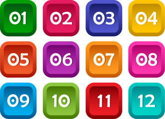 Colorful set of square buttons with numbers from 01 to 12. Vector illustration