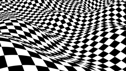 Poster - Optical illusion wave. Chess waves board. Abstract 3d black and white illusions. Horizontal lines stripes pattern or background with wavy distortion effect. Vector illustration.