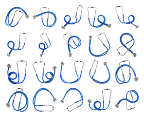 Sticker - Set of blue stethoscopes on white background, top view. Medical device