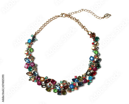 Cuadros en Lienzo Stylish necklace with gemstones isolated on white, top view