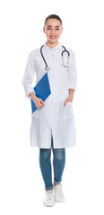 Poster - Full length portrait of medical doctor with clipboard and stethoscope isolated on white