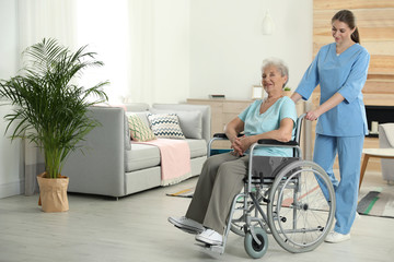 Wall Mural - Nurse assisting elderly woman in wheelchair indoors. Space for text