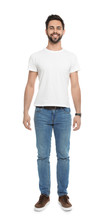 Young Man In T-shirt On White Background. Mock Up For Design