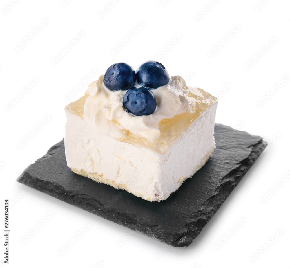 Tasty mousse cake with blueberry on white background