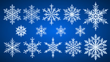 Set Of Beautiful Complex Christmas Snowflakes, White On Blue Background