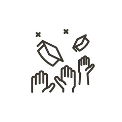 Hand celebrating graduation from school or college throwing academic hats in the air. Vector thin line icon related with education. Hands partying, stars and mortarboards