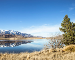 Lake landscape mountains and blue sky nature background