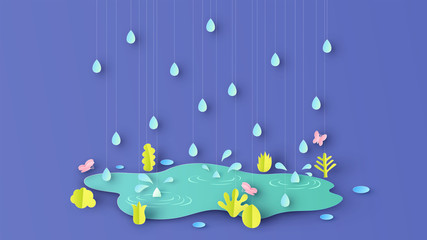 Wall Mural - Illustration of rainy season with plants, grass, butterflies and rain drop that are around beautiful pond. paper cut and craft style. vector,illustration.