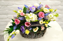 Beautiful Bouquet Mix Colorful Flowers In Modern Hatbox On A White Table. Concept Of Flower Shop. Romantic Bouquet For A Postcard For A Holiday A Mother's Day, Valentine's Day And March 8. Close Up
