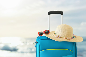 holidays. travel concept. blue suitcase infront of tropical background