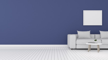 Aufkleber - View of living room space with white sofa set and picture frame on blue wall and bright laminate floor.Perspective of minimal Interior design. 3d rendering.