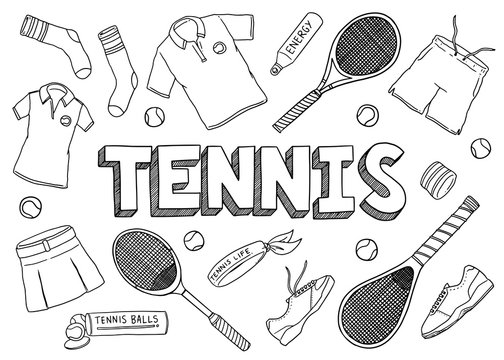 Tennis equipment doodle set. Vector illustration background. For print, textile, web, home decor, fashion, surface, graphic design