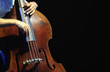 Double bass. The musician playing contrabass musical instrument on black background.