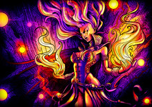 Beautiful Girl Magician Yells In Fury, Concentrating Purple Fire In Her Hands, And Flying.
