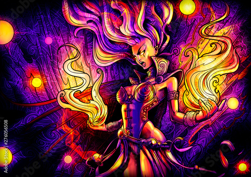 Obrazy Czarodziej   piekna-czarodziejka-wrzeszczy-z-wscieklosci-koncentrujac-fioletowy-ogien-w-dloniach-i-lecac