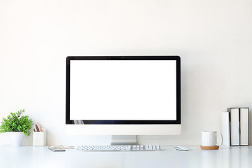 Fototapete - Workspace desk and laptop. copy space and blank screen. Business image, Blank screen laptop and supplies.