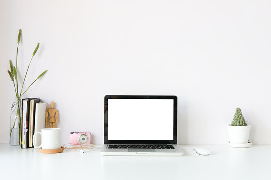 Workspace desk and laptop. copy space and blank screen. Business image, Blank screen laptop and supplies.