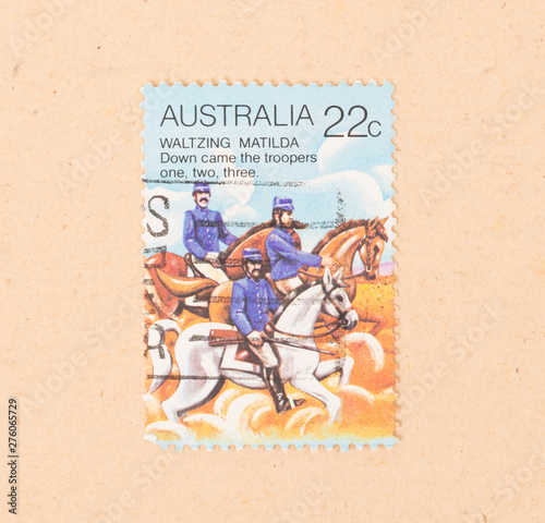 Fotografía AUSTRALIA - CIRCA 1980: A stamp printed in Australia shows a scene of Waltzing M