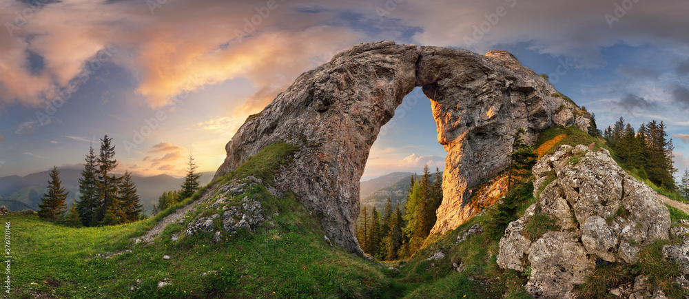Mountain landscape with big rock at sunset - Low Tatras, Slovakia - obrazy, fototapety, plakaty 