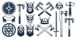 Viking weapon design elements for heraldic logo. Warrior head in a viking helmet. Vector illustration in stamp style.