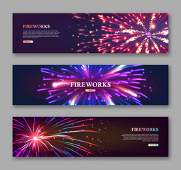 Wall Mural - Festive web banners with copyspace. Celebration party horizontal flyers with fireworks lights series. Realistic fireworks flash on dark background vector illustration. Anniversary date congratulation