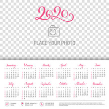 Wall Calendar Layout For 2020 Year With Place For Photo. English Template With Basic Grid On White Background. Week Starts From Sunday. Annual Calendar From January To December Vector Design.