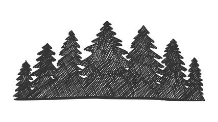 Sticker - Drawn Landscape Pinery Coniferous Forest Vector. Black And White Silhouette Spruce Forest. Monochrome Ink Design In Retro Vintage Style Pine Tree Wood Nature Ecological Land Cartoon Illustration