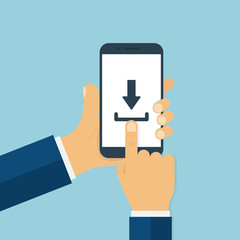 Poster - man hands holding smartphone with download sign on screen. finger touching smartphone screen in tren